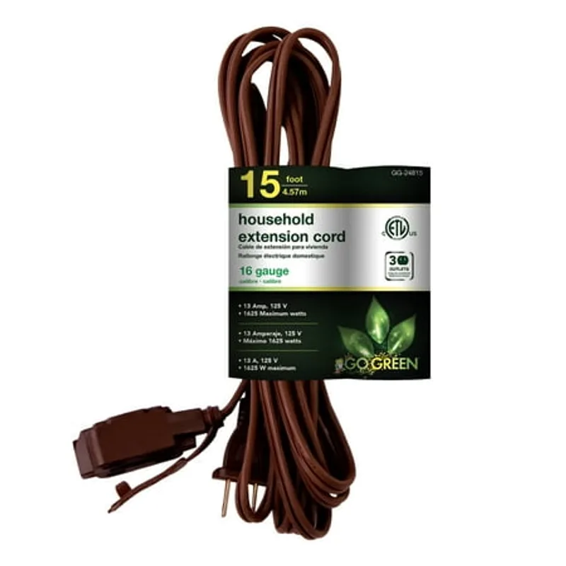 Extension Cord, 3 Outlet, Brown, 15 ft